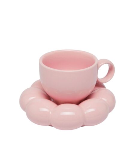 Bubble pink ceramic mug with saucer